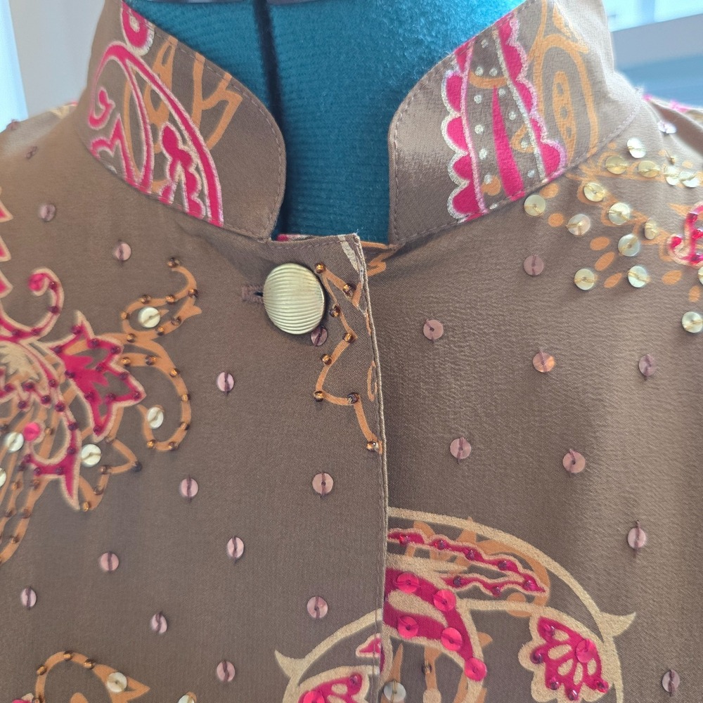 Diane Gilman Tunic Women Large Brown Silk Paisley Sequin Long Blouse - Picture 5 of 9